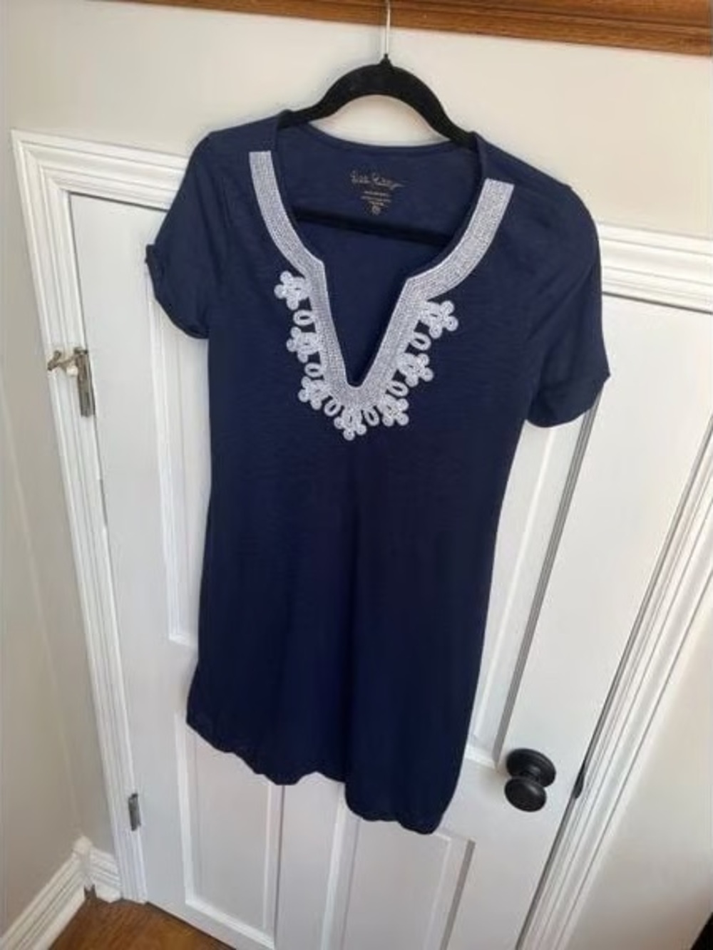 Lilly Pulitzer Navy Tunic with White Embroidered V-Neck Detail